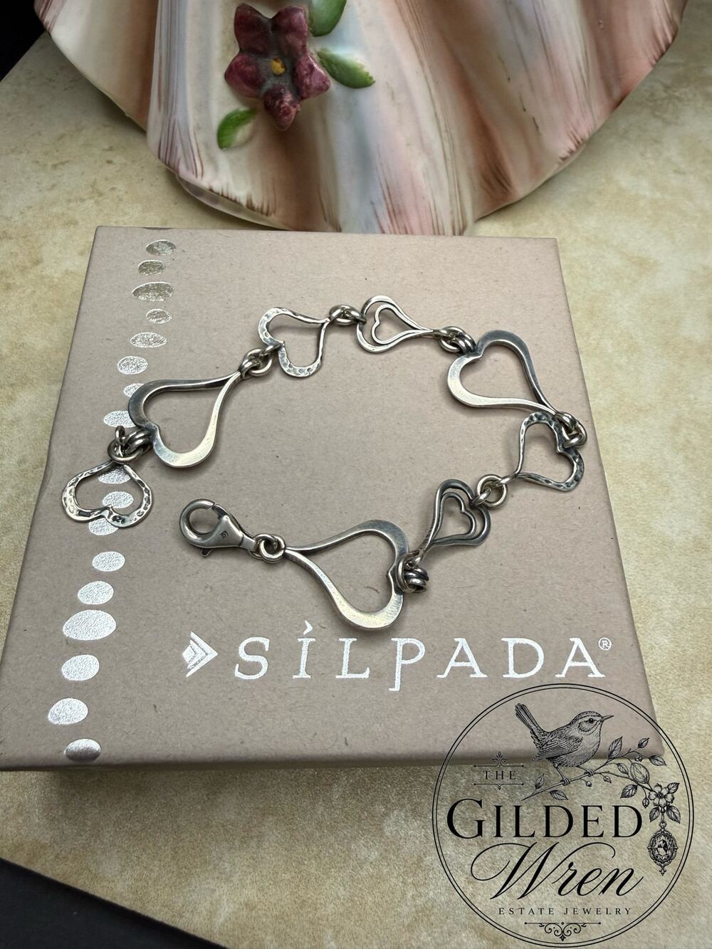 Retired Silpada Spread the Love Heart Link Bracelet 925 Sterling Silver 7.5”